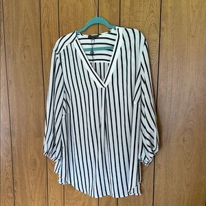 Adrianna Papell Black and White Striped V-Neck Blouse
